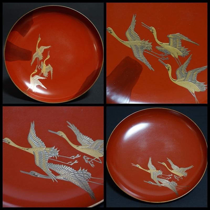 明治期 輪島塗 極上 金蒔絵『飛鶴』 盃台/三ツ組盃 揃 木製漆塗り 箱付時代物