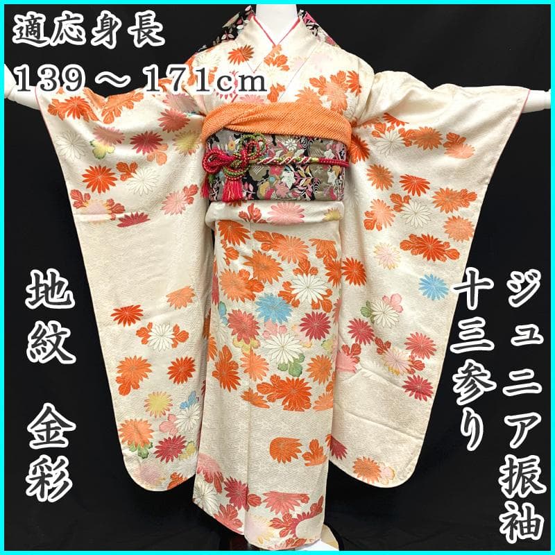 410aj109〇ジュニア振袖＆袋帯 地紋 金彩 菊 十三参り 白〇状態良好