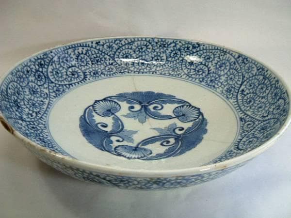 大皿■渦福「江戸中期」蛸唐草紋古伊万里染付大皿 大鉢 菓子器 時代物 骨董品■