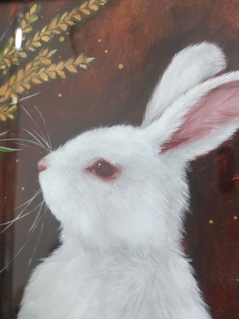 ウサギの油絵【豊穣の兎】1点物の原画/作者サイン入り/額縁付属◆縁起もの