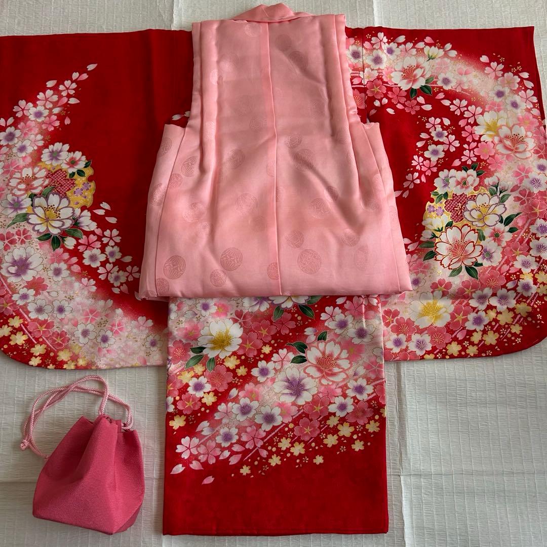 七五三 3歳 着物 被布 絹 三歳 赤 ピンク 753 巾着 女の子着物 子供
