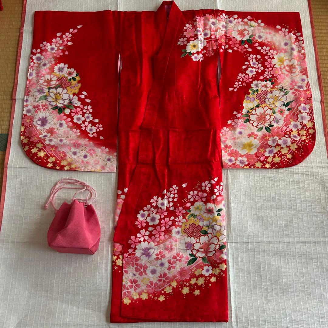 七五三 3歳 着物 被布 絹 三歳 赤 ピンク 753 巾着 女の子着物 子供