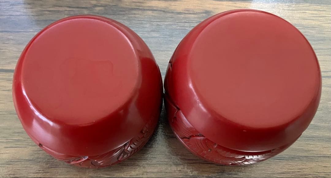 村上木彫堆朱(堆朱のふじい製) ぐい呑み 牡丹唐草 ２個セット