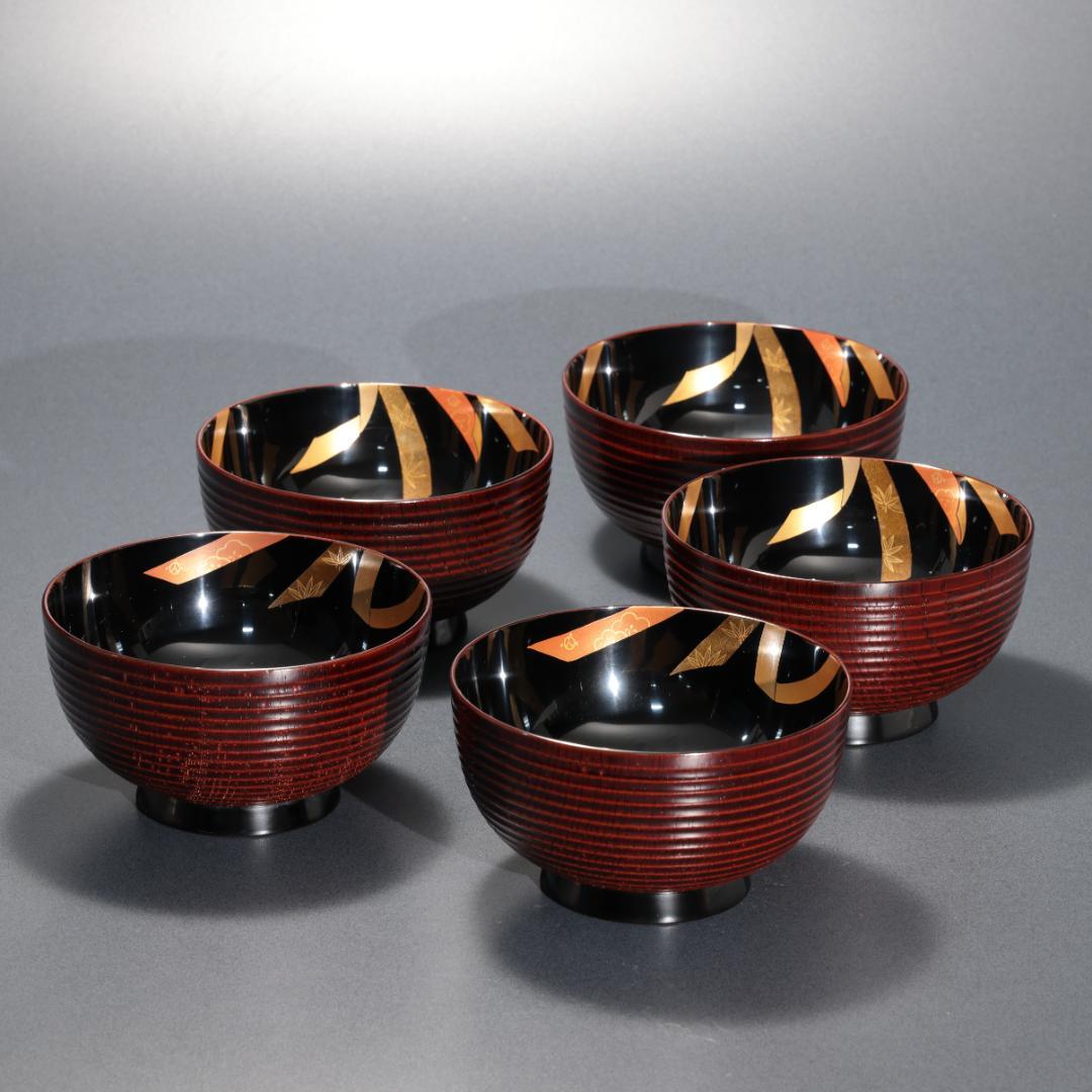 輪島塗 煮物椀 五客 のし蒔絵 共箱 漆塗 蓋付椀 口径