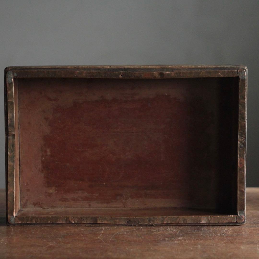 古い 内側銅張 木の トレイ トレー 箱 古道具 アンティーク 内側銅張