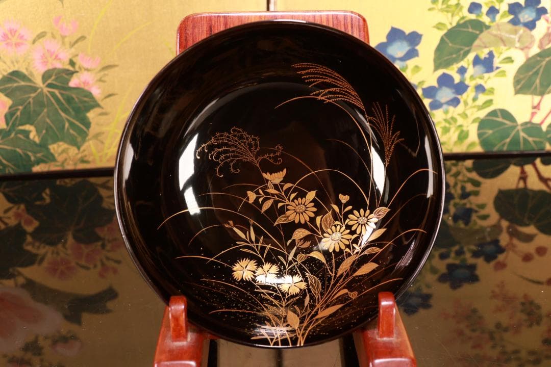 はる、BJ031A 時代輪島塗　秋乃草図金蒔絵　あつもの椀　吸物椀　二客