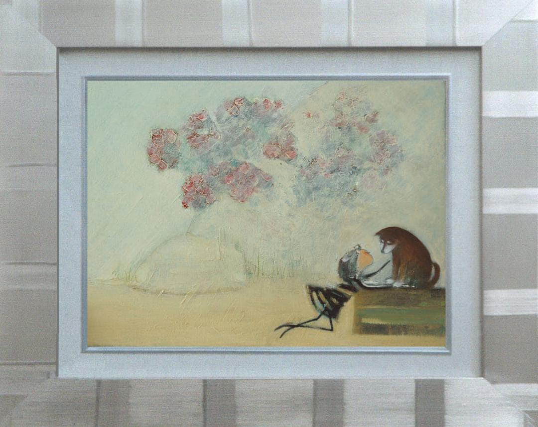 油絵 菅家令子 絵 絵画インテリア額付(黒) uF6-071619 子犬と女の子