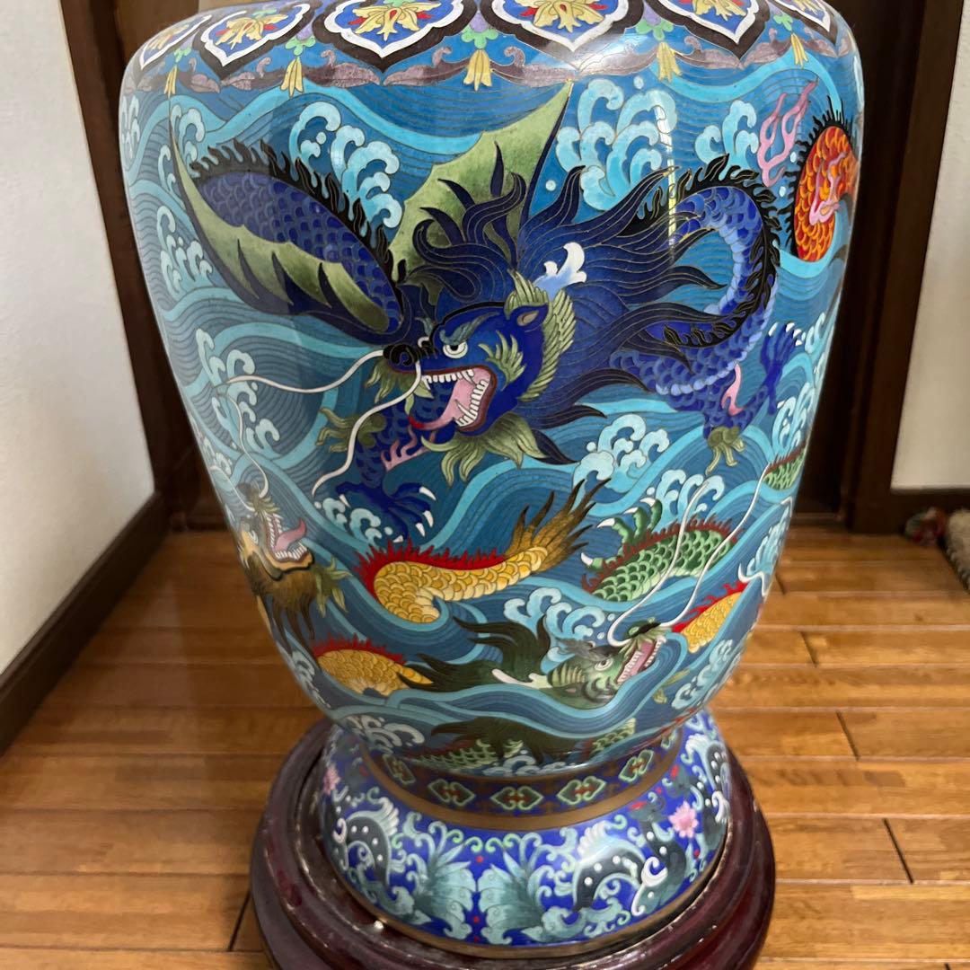 青色波模様ドラゴン陶器フラワーベース