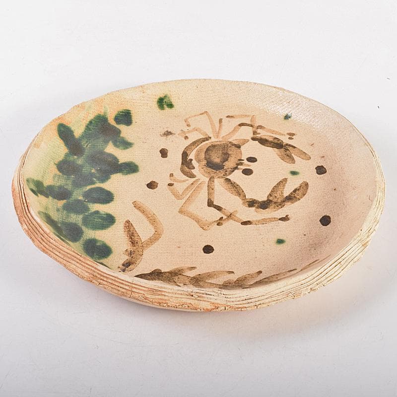 北大路魯山人作 織部 蟹絵 皿 時代箱付 V R7715