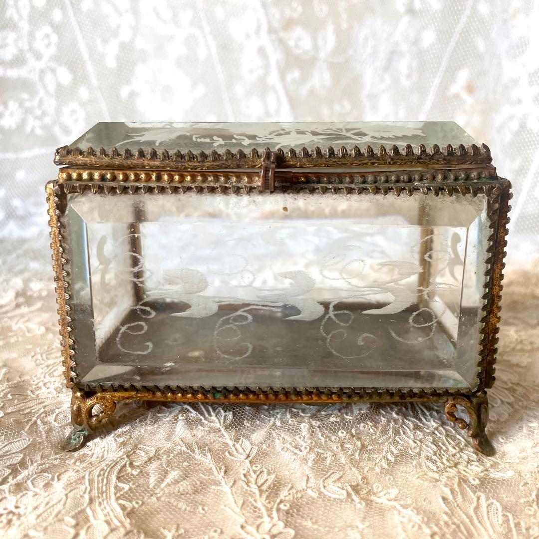 ローズ柄ベベルガラスジュエリーボックス アクセサリーケース フランス