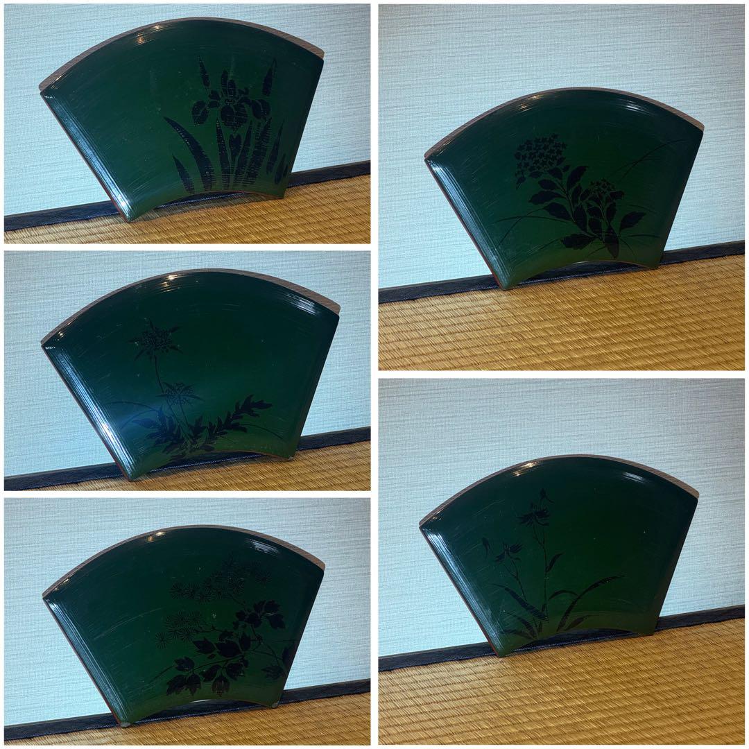 輪島塗 大崎 作 絵変草花蒔絵 青塗扇面形蓋物 10客「福扇」 / 大崎庄右衛門