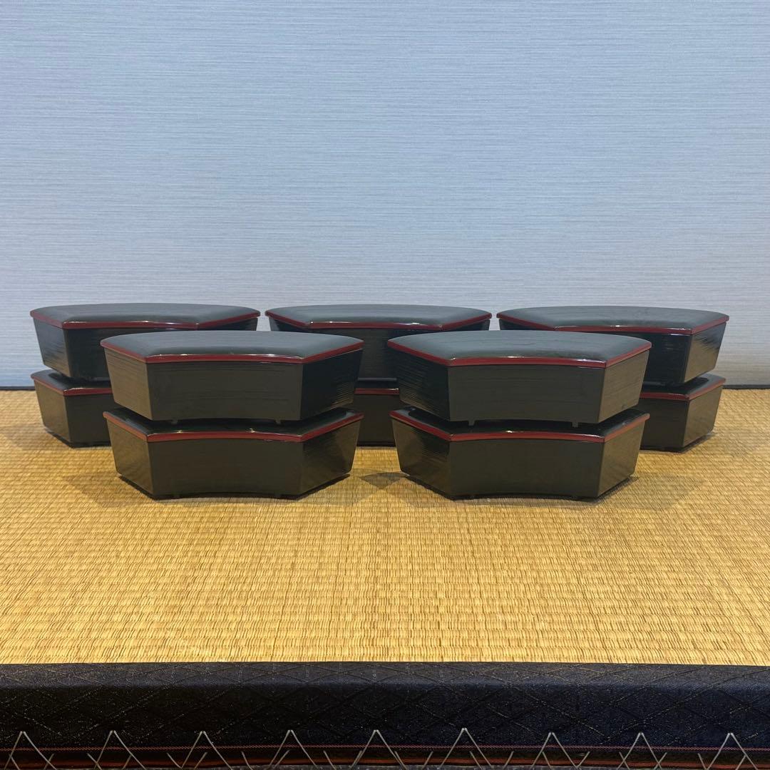 輪島塗 大崎 作 絵変草花蒔絵 青塗扇面形蓋物 10客「福扇」 / 大崎庄右衛門