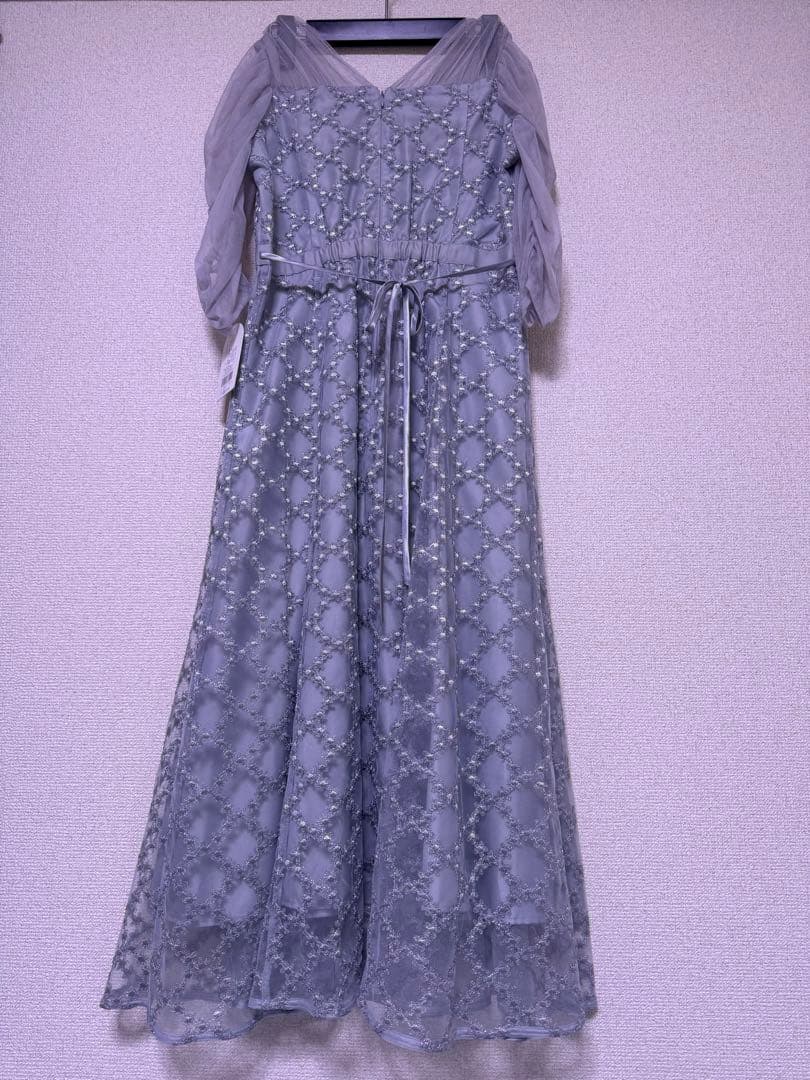 Floral diagonal check flare dress グレー