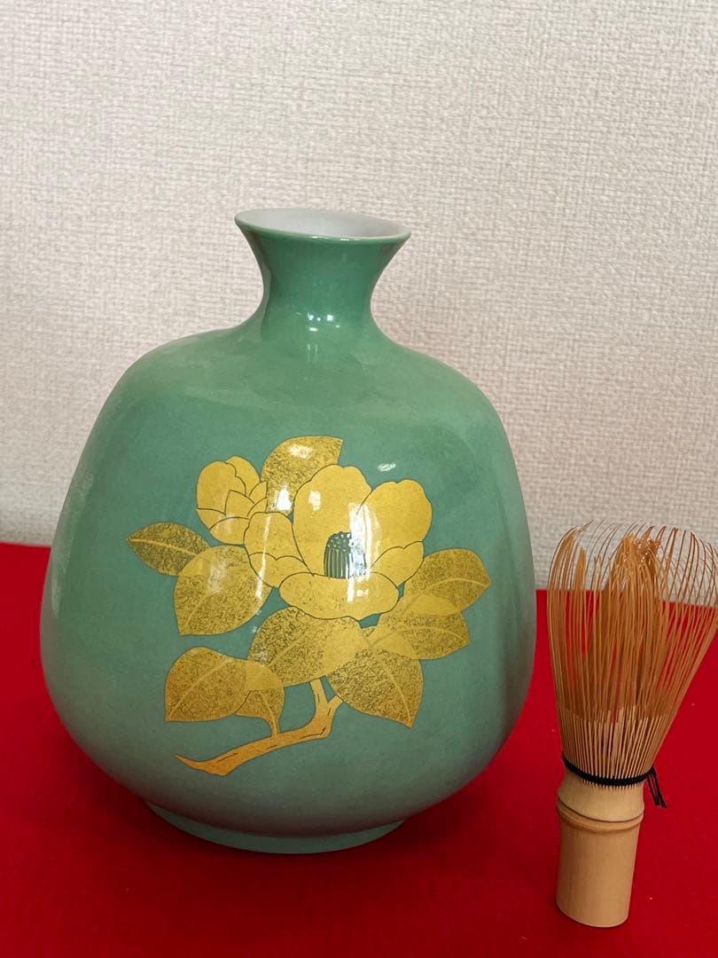 【年末特価】 人間国宝 吉田美統 釉裏金彩 椿文 花生 Y29 共箱 共布 真作