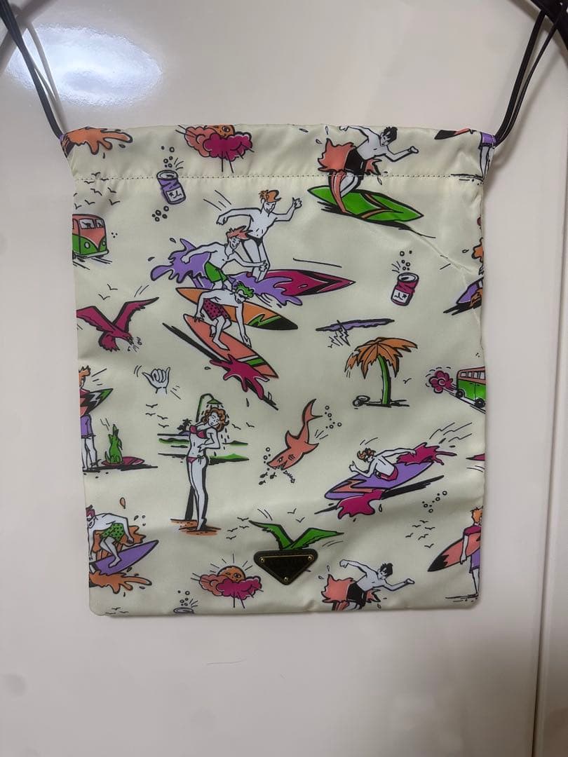 【希少・極美品】PRADA プラダ 巾着 ポーチ バッグ サーフ柄 三角ロゴ