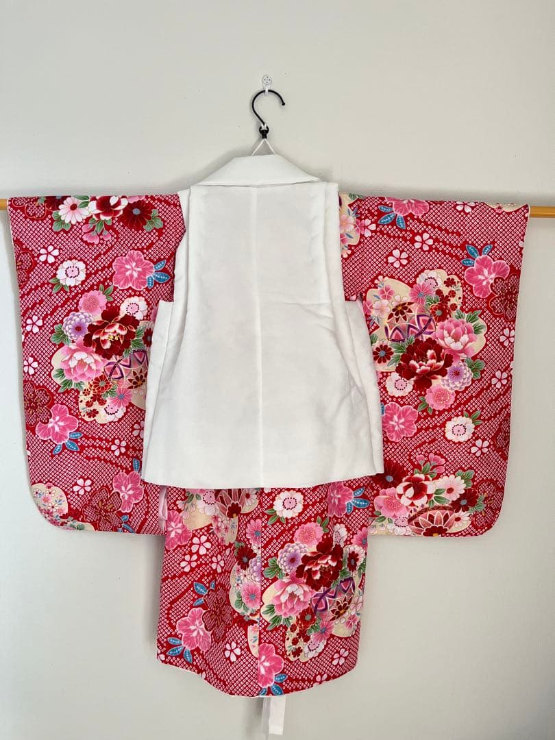 京都花ひめ 七五三 被布着物セット 赤色花柄 3歳華やか絞り風