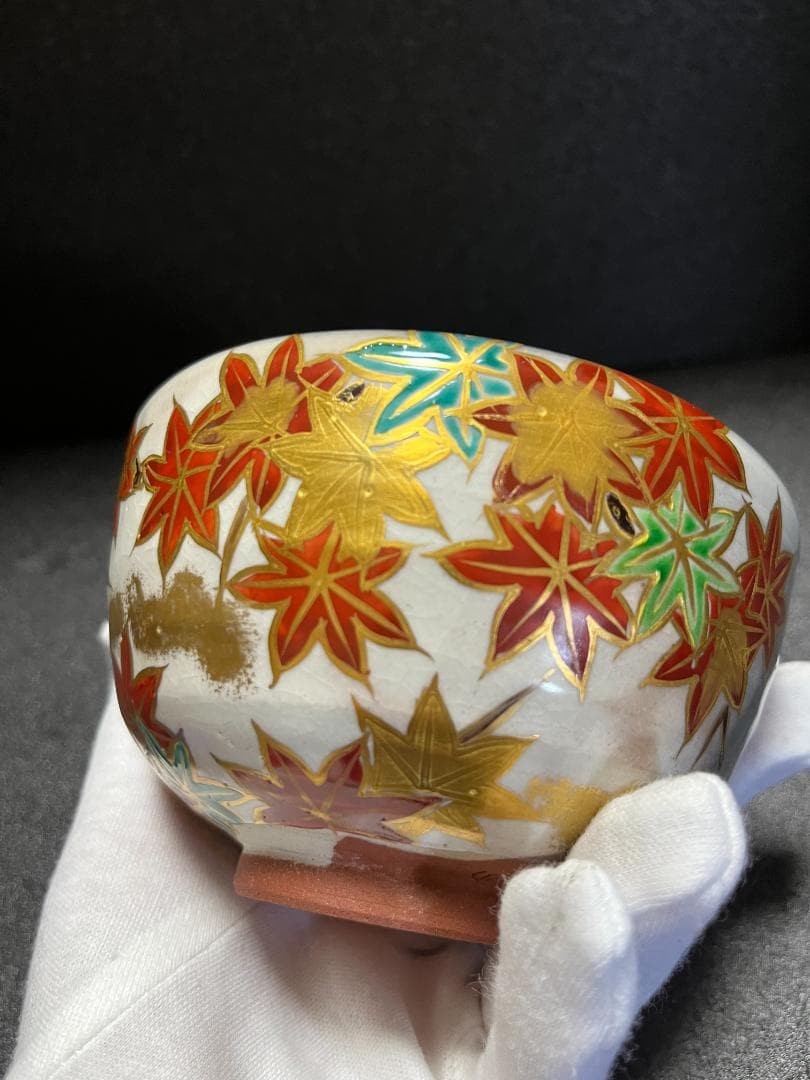 未使用】宮川香せつ造 宮川香雪造 紅葉 金彩 抹茶碗 茶碗 共箱 共布