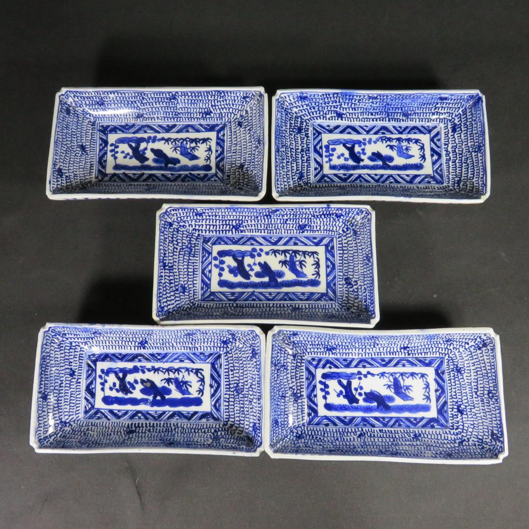 角皿 5枚 染付 古伊万里 明治 江戸 微塵唐草 松竹梅 歪み