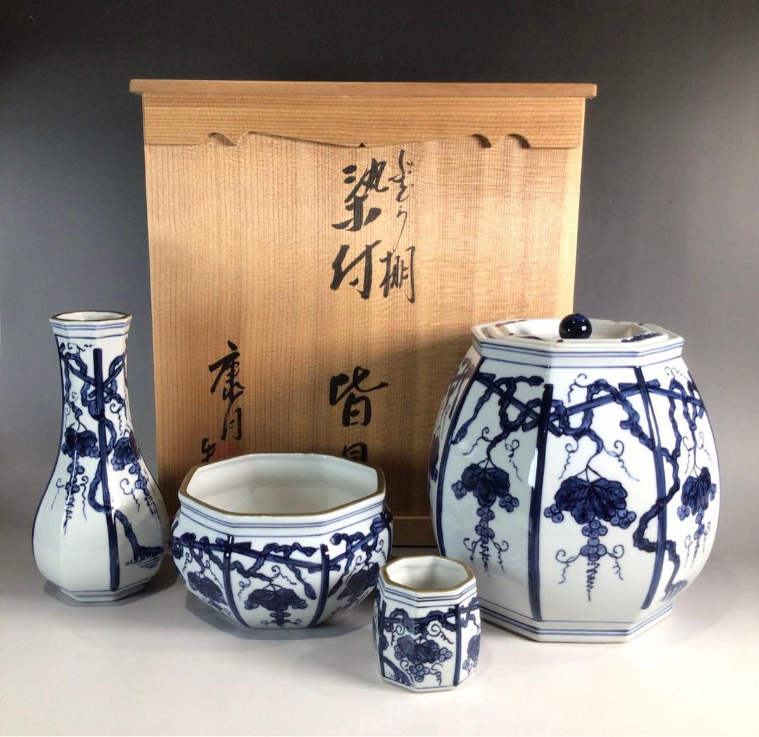 Ｐ２９１　皆具　『平安　鈴木康月造』『染付』『ぶどう棚皆具』　共箱　茶道具 P291 皆具 『平安 鈴木康月造』『染付』『ぶどう棚皆具』 共箱