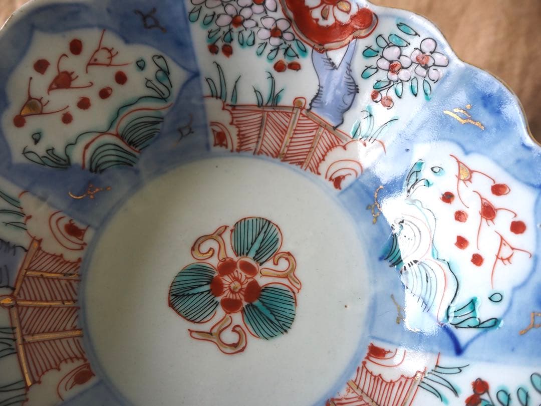 ぴんちゃん 時代伊万里 色絵印判金彩 3羽の鳥 花生垣文 大なます皿 3客