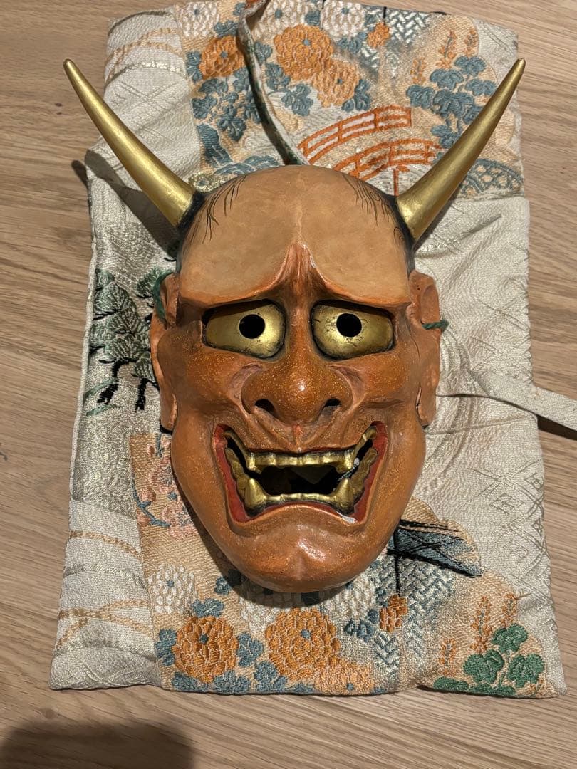 能面木製 収納袋付き手彫り鬼般若