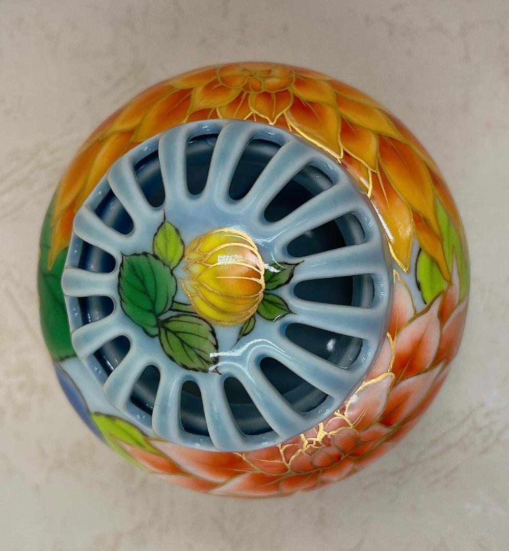 絶品！清水焼香炉★手描きオーダー発注品◆水色地×ダリア