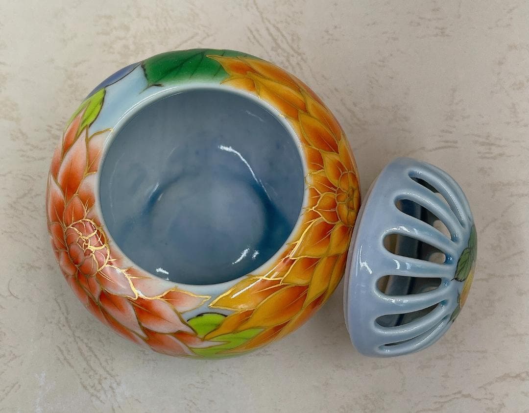 絶品！清水焼香炉☆手描きオーダー発注品◇水色地×ダリア