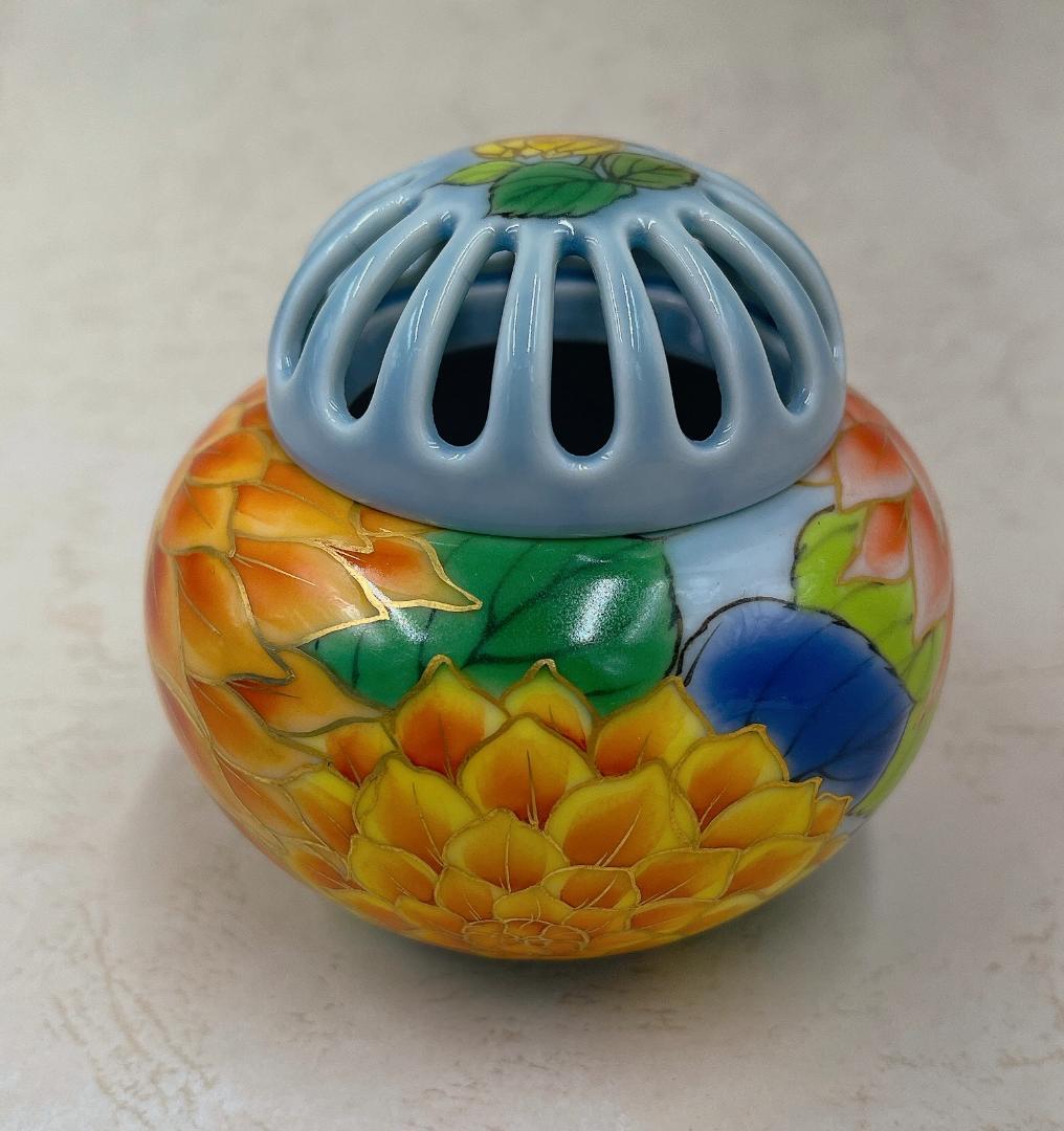 絶品！清水焼香炉★手描きオーダー発注品◆水色地×ダリア