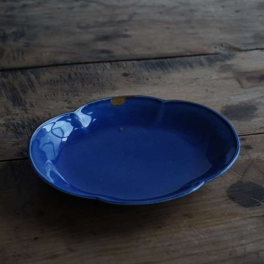 古伊万里瑠璃釉皿 本金継ぎ / 江戸時代後期