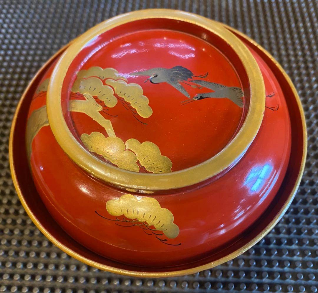 明治期　山中漆器　蒔絵鶴松　箱付5客 古和紙・和歌季語集付き ヴィンテージレア