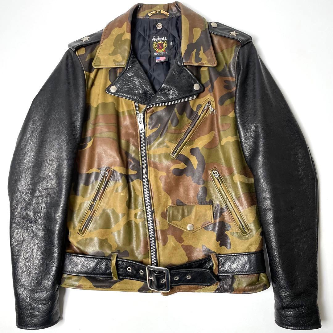 米国製】Schott レザー ライダースジャケット 迷彩 カモフラ 38 牛革