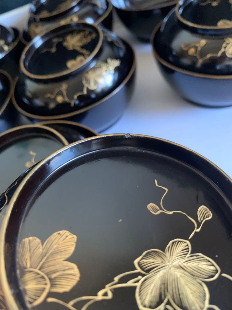 輪島塗　沈金　華の絵　天然木　お碗　蓋付　10客セット　漆器