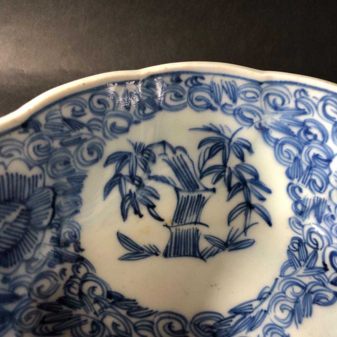 古伊万里 染付 微塵文様に丸文松竹梅文様 六寸鉢 輪花鉢