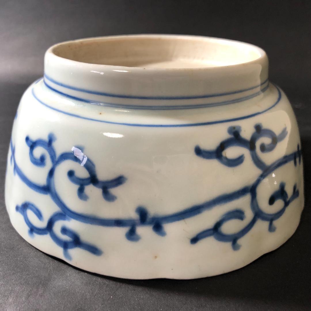 古伊万里 染付 微塵文様に丸文松竹梅文様 六寸鉢 輪花鉢