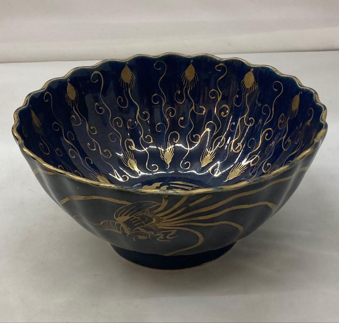 B261s 瑠璃手「鳳凰に龍」鉢　金彩絵付　十錦手　菓子鉢　骨董　茶道具