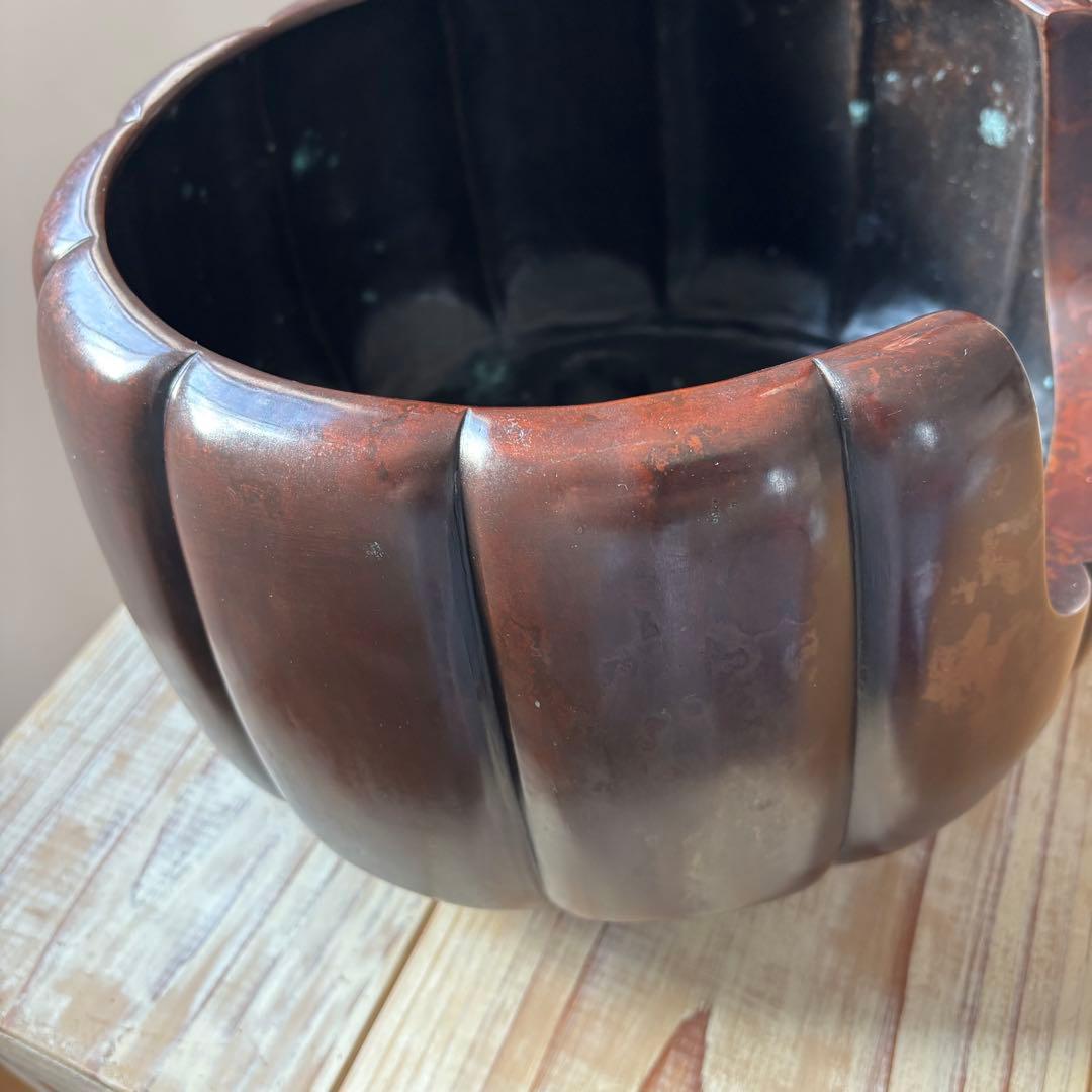 斑紫銅製 阿古陀形三足風櫨 瓶掛 面取風炉 天下