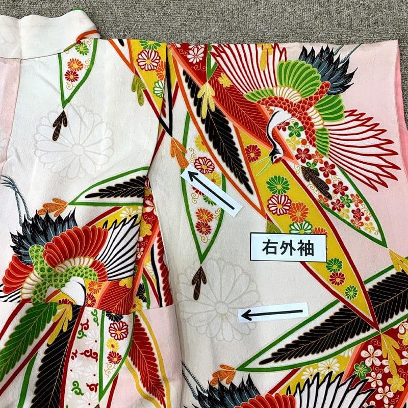 504ag87□七五三 セミアンティーク 七歳 女児 着物&袋帯 鶴□状態良好