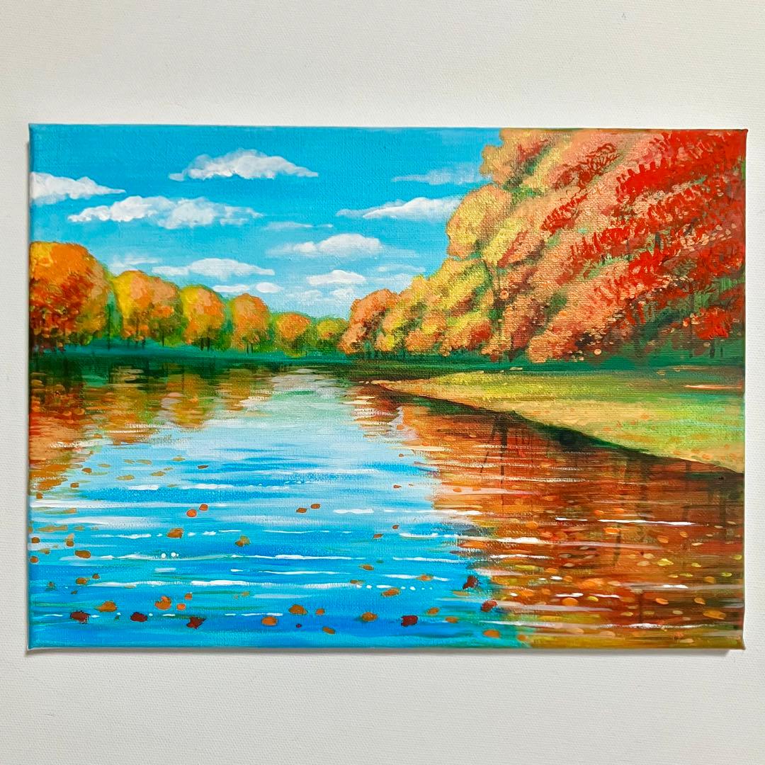 湖に映る秋＊絵画 原画 風景画 芸術 紅葉 現代アート プレゼント