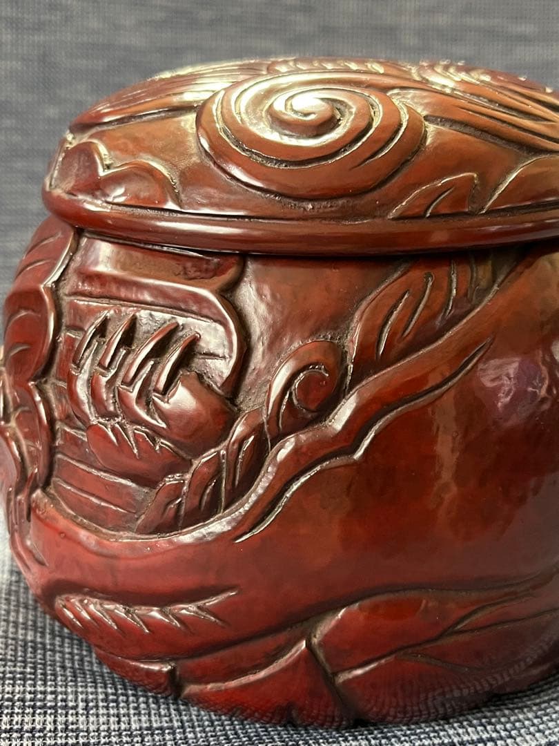 ハンドメイド　碁器　獅子牡丹　鎌倉彫　木星　漆塗り