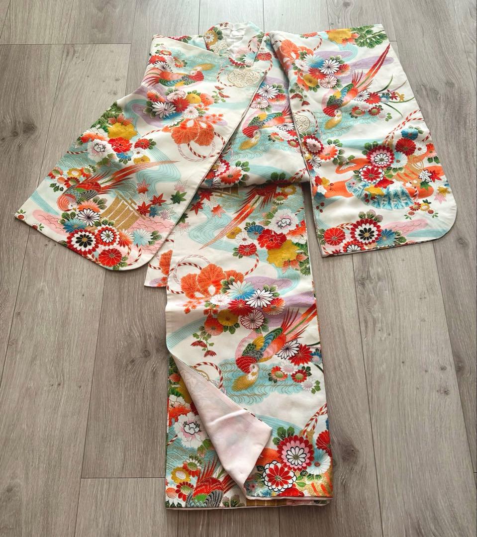 七五三 7歳 四つ身着物 レトロ柄 牡丹 鶴 金彩 美品