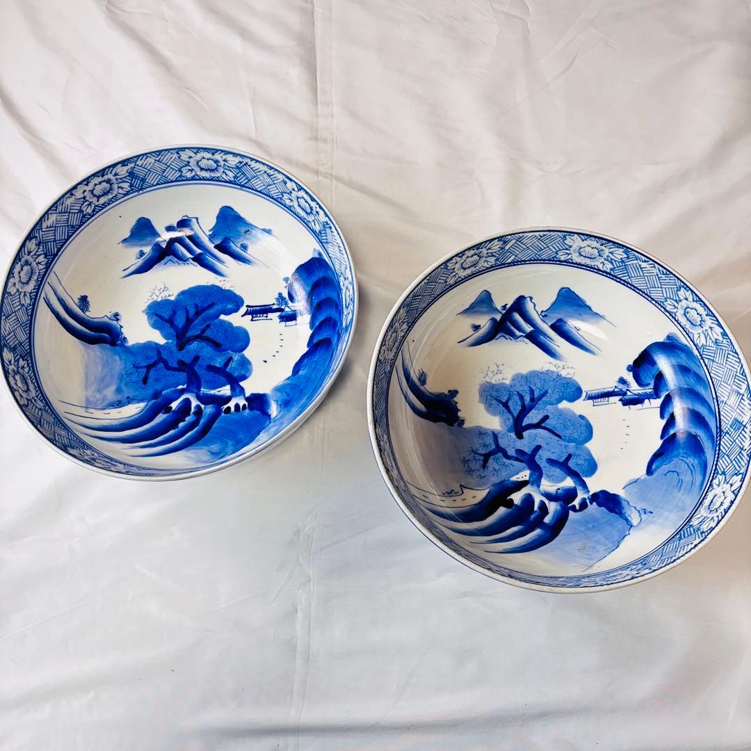 美品 染付 大鉢 2点セット 青花 清朝風 古伊万里風 青磁 山水文 草花