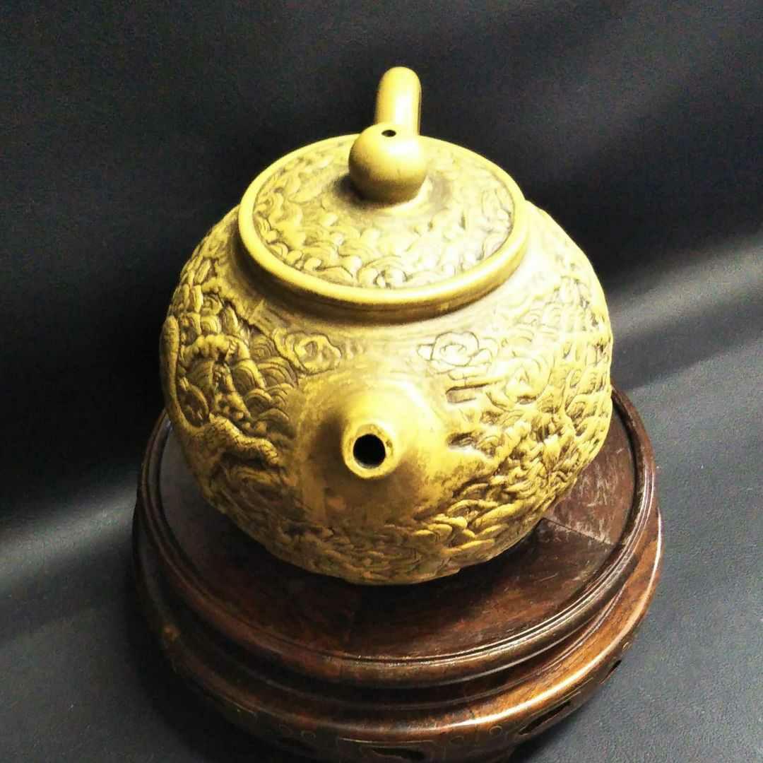 ※中国古美術/朱泥紫砂龍怒濤紋茶壺/大周陶藝工作室栄誉出品作品