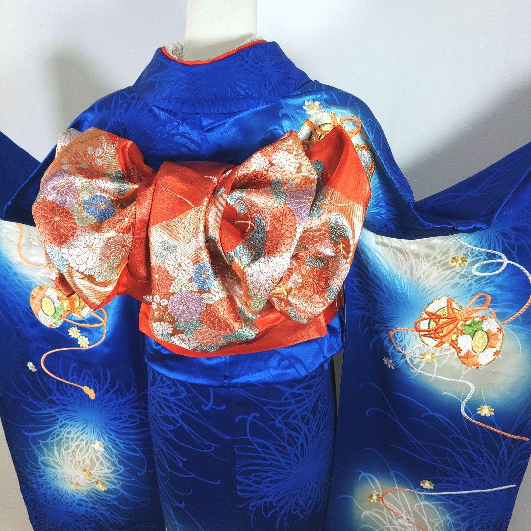 格安！ 振袖フルセット 9点 成人式 結婚式 前撮り 青 ブルー オレンジ 古典