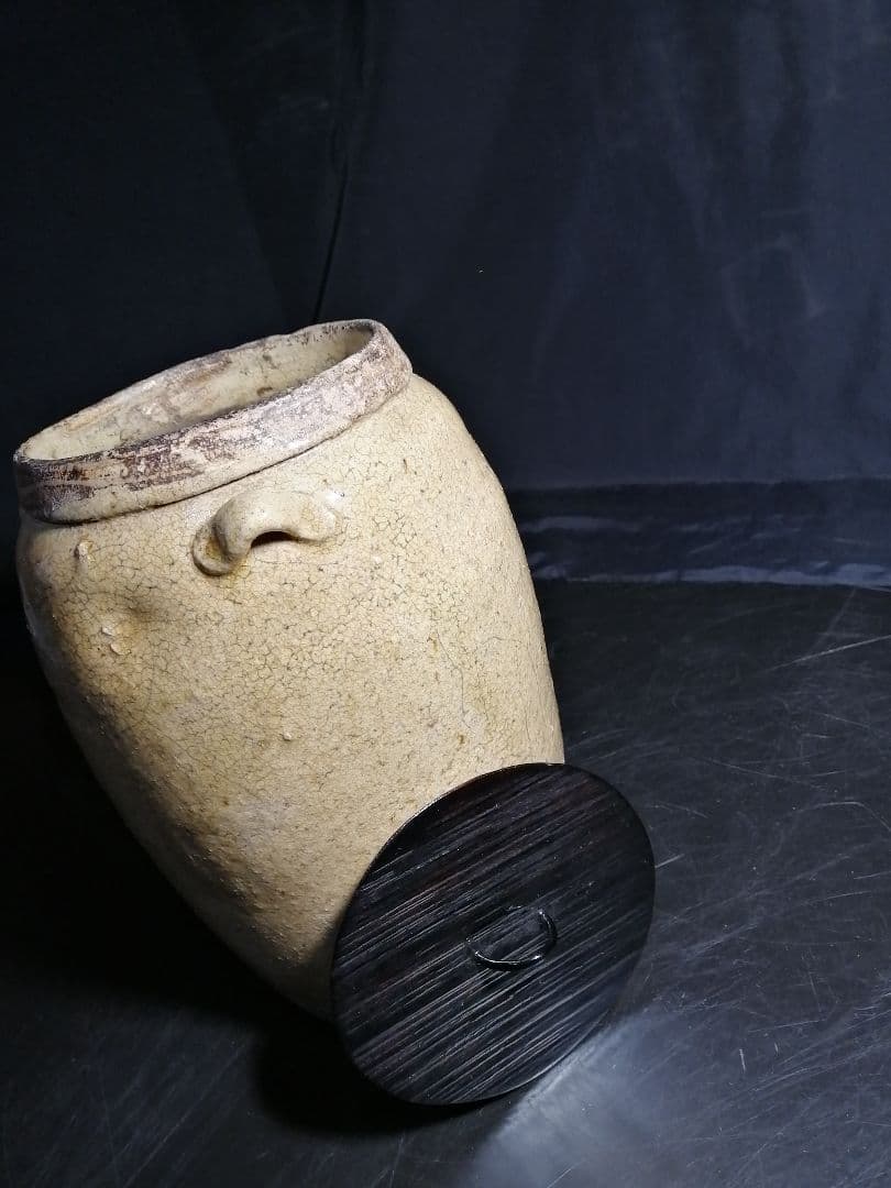 茶道具】時代黄瀬戸壺形水指 枌目蓋 水指83