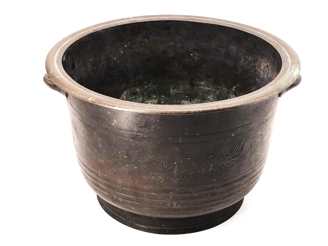 【 銅彫金手付香炉 25cm 】　貝藻文刻　清朝　中華古玩　　L1229A