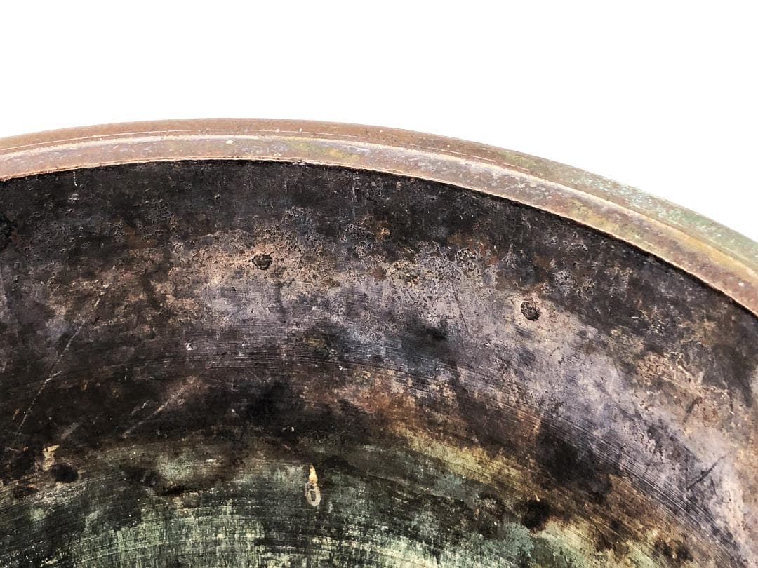 【 銅彫金手付香炉 25cm 】　貝藻文刻　清朝　中華古玩　　L1229A