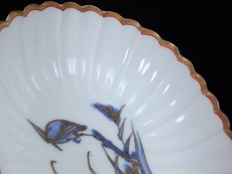 古伊万里　平戸　白磁　葦に鷺の図　輪花変形皿　５客　D950AS-BNx