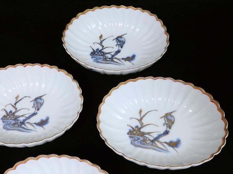 古伊万里　平戸　白磁　葦に鷺の図　輪花変形皿　５客　D950AS-BNx