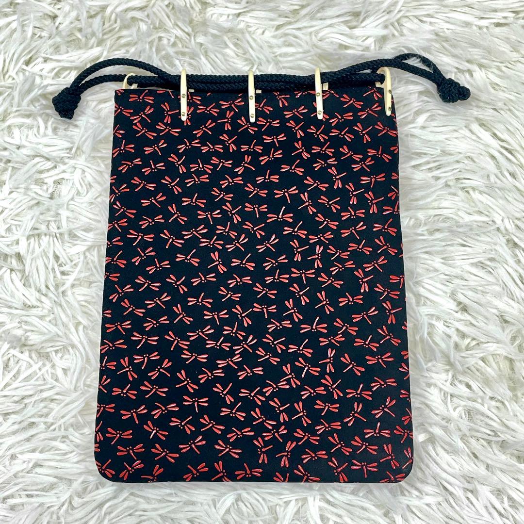 甲州印伝 印傳屋 合切袋 黒鹿革×赤漆 トンボ 巾着 袋 手提 革小物 上原勇七