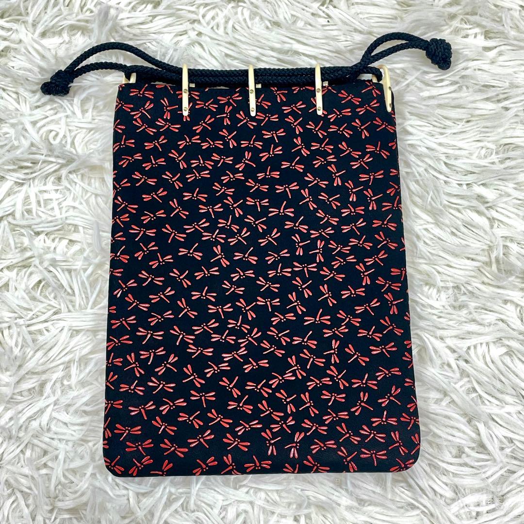 甲州印伝 印傳屋 合切袋 黒鹿革×赤漆 トンボ 巾着 袋 手提 革小物 上原勇七